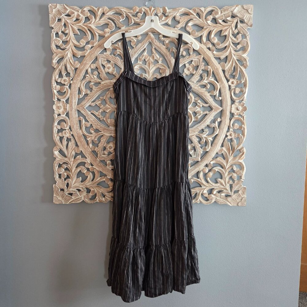 PAIGE Santibel black grey Stripe Tiered Sleeveless Square Neck Midi Dress Size M